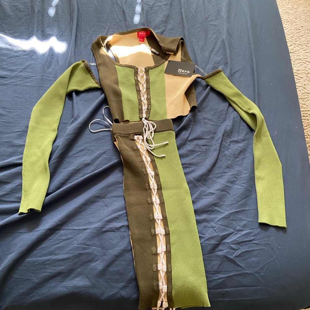 Hera Collection Green and Tan Skirt Set